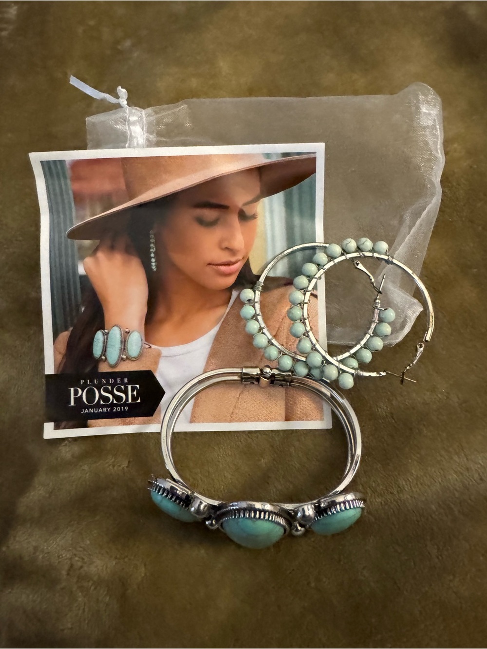 Posse Turquoise Bead Hoop Earrings and Turquoise Stone Cuff Bracelet